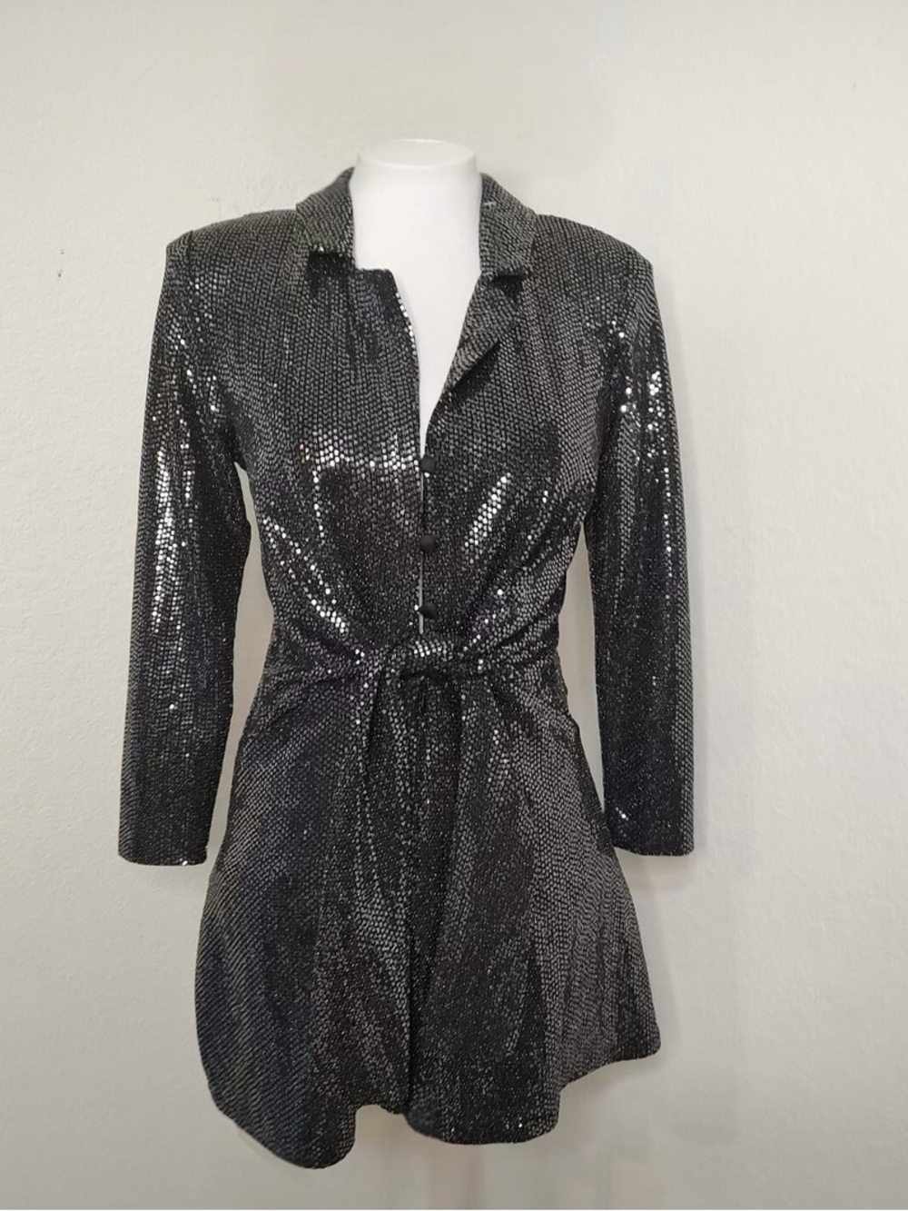 Zara Black Sequin Long-Sleeve Tie-Waist Mini Romper - Picture 2 of 4